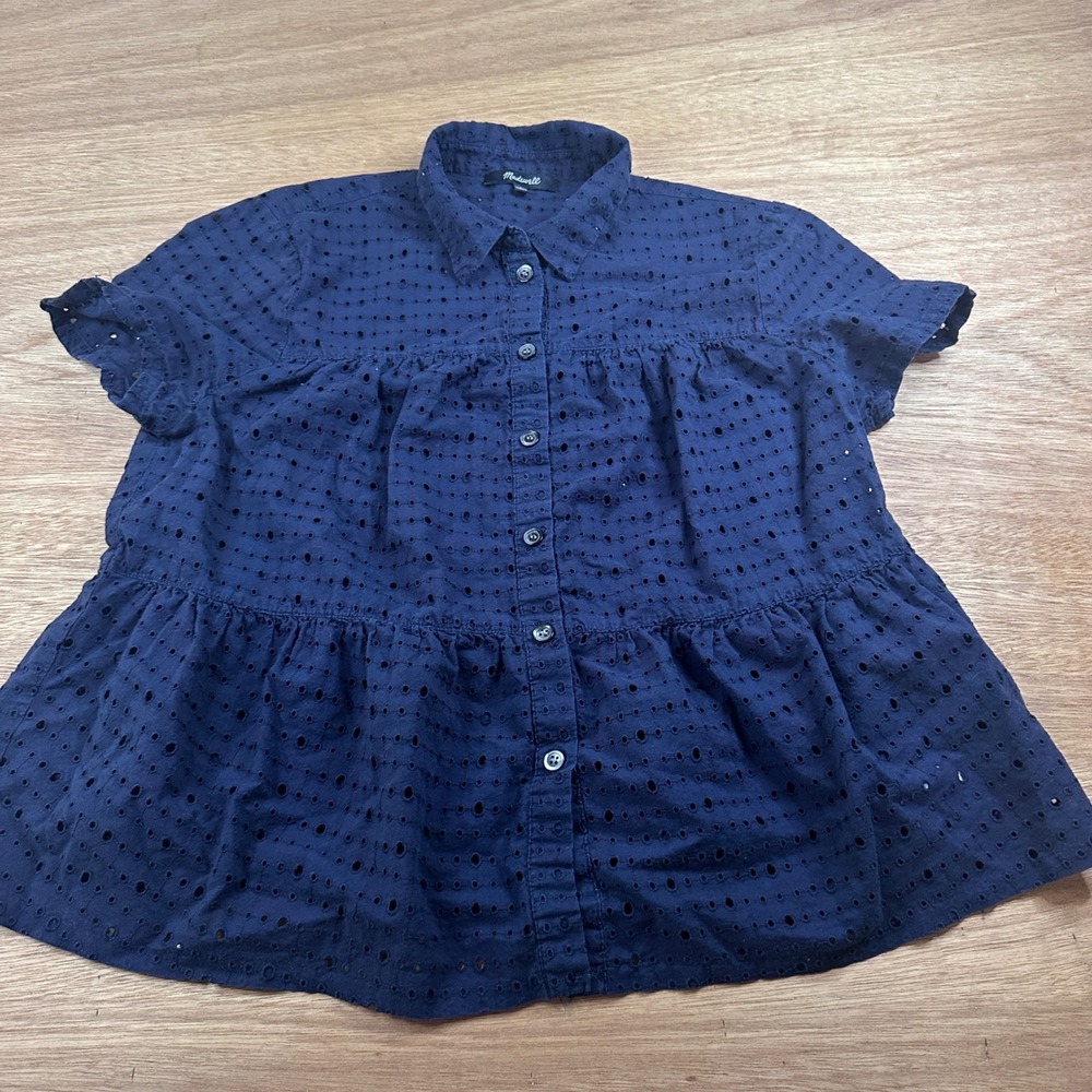 Madewell Eyelet Peplum Blouse Navy Blue Cotton Button Front Size Small